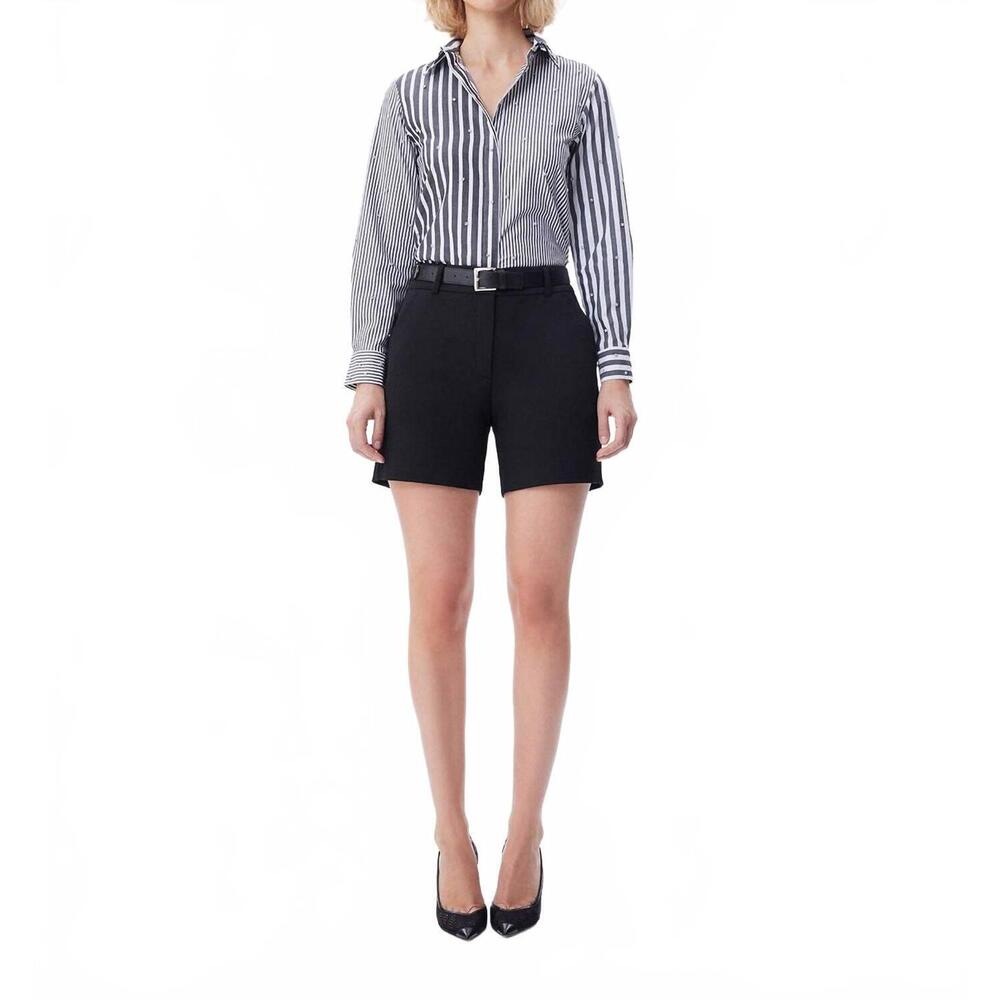 NEW THEO THE LABEL echo mix stripe pearly shirt in black/crystal